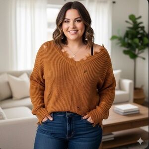 Rue21 Distressed Oversized Knit Sweater Burnt Orange Mustard L Grunge Edgy